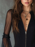 Vintage Sheer Sleeves Zip-up Collar Blouse