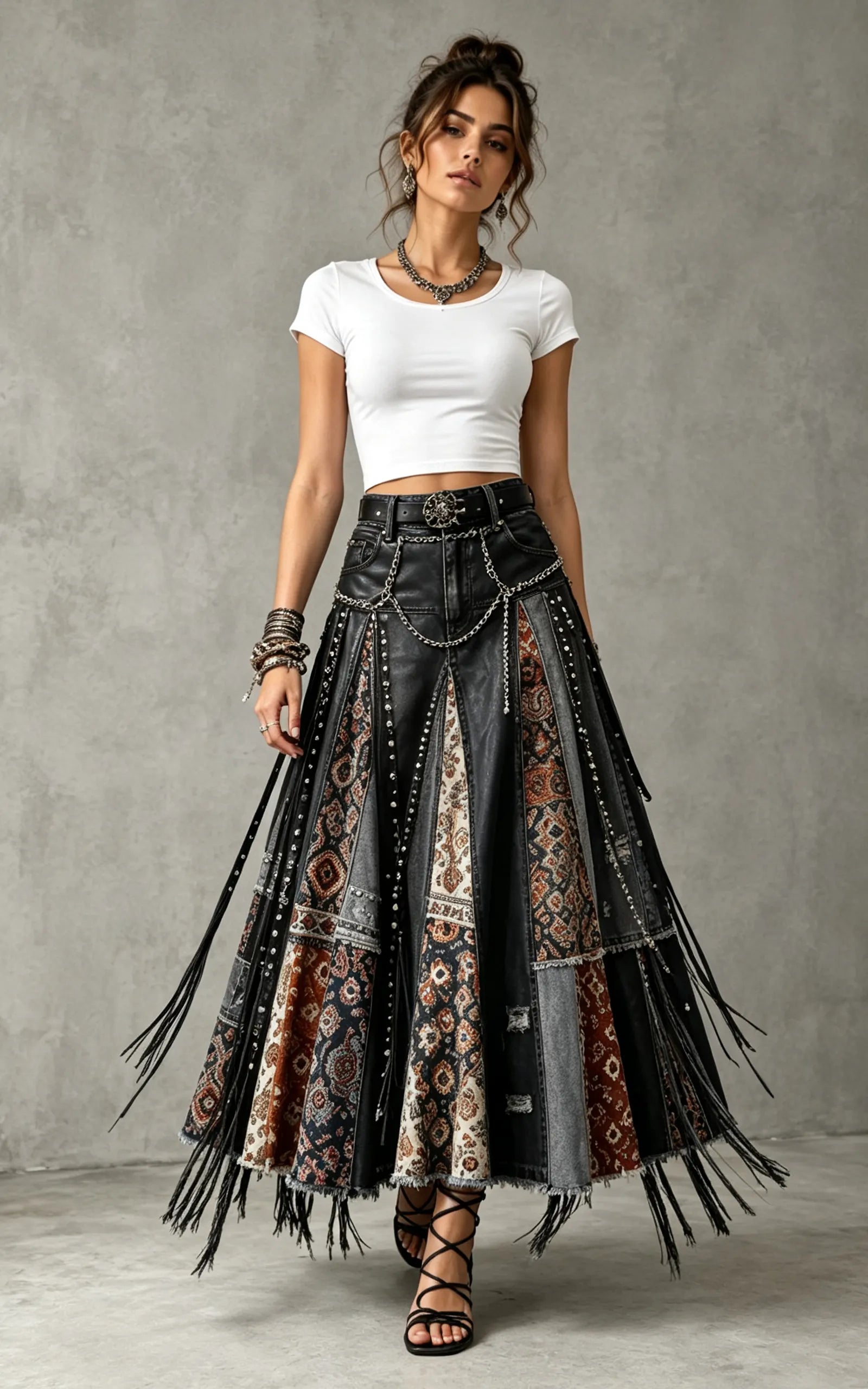 Patchwork Faux Leather Fringe Maxi Skirt