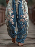 Men's Japanese Cherry Blossoms Embroidered Art Wide Leg Linen Pants