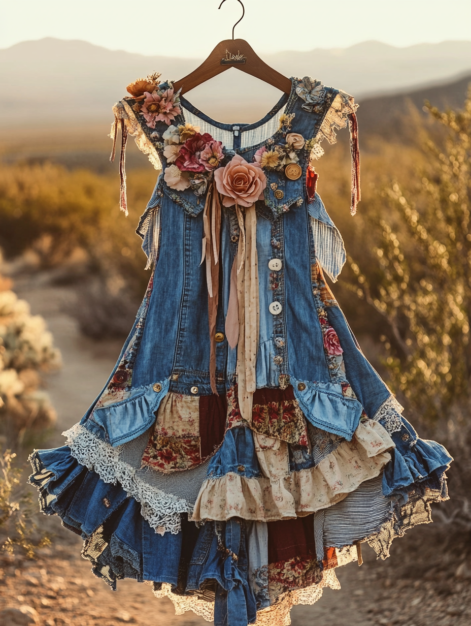 Summer Handmade Lace Denim Patchwork Dress a678