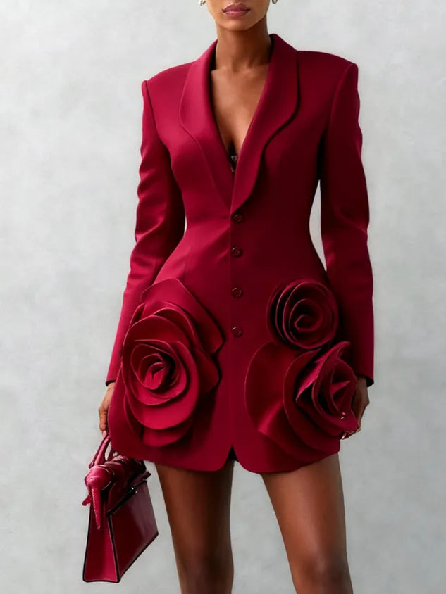 Burgundy 3D Floral Blazer Shawl Collar Long Sleeve A-Line Mini Dress