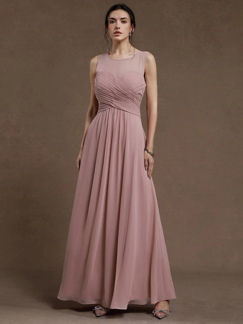Pink Ruched Chiffon Crew Neck Sleeveless A-Line Maxi Bridesmaid Dress