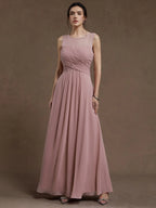 Pink Ruched Chiffon Crew Neck Sleeveless A-Line Maxi Bridesmaid Dress