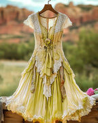 Summer Vintage Floral Lace Patchwork Orange  Dress 9144