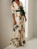 White Floral V Neck Long Sleeve A-Line Maxi Dress
