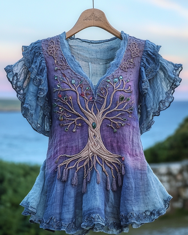 Summer Viking Tribal Celtic Tree of Life Gradient Lace Splicing Ruffle Top 3db9
