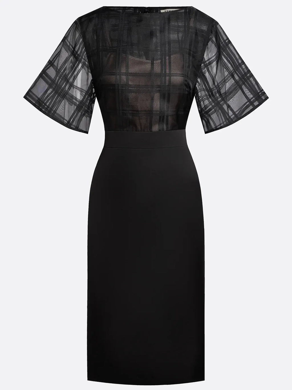Black Organza Plaid Classic Boat Neck Half Sleeve Dolman Sleeve Sheath Midi Dress