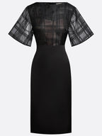 Black Organza Plaid Classic Boat Neck Half Sleeve Dolman Sleeve Sheath Midi Dress