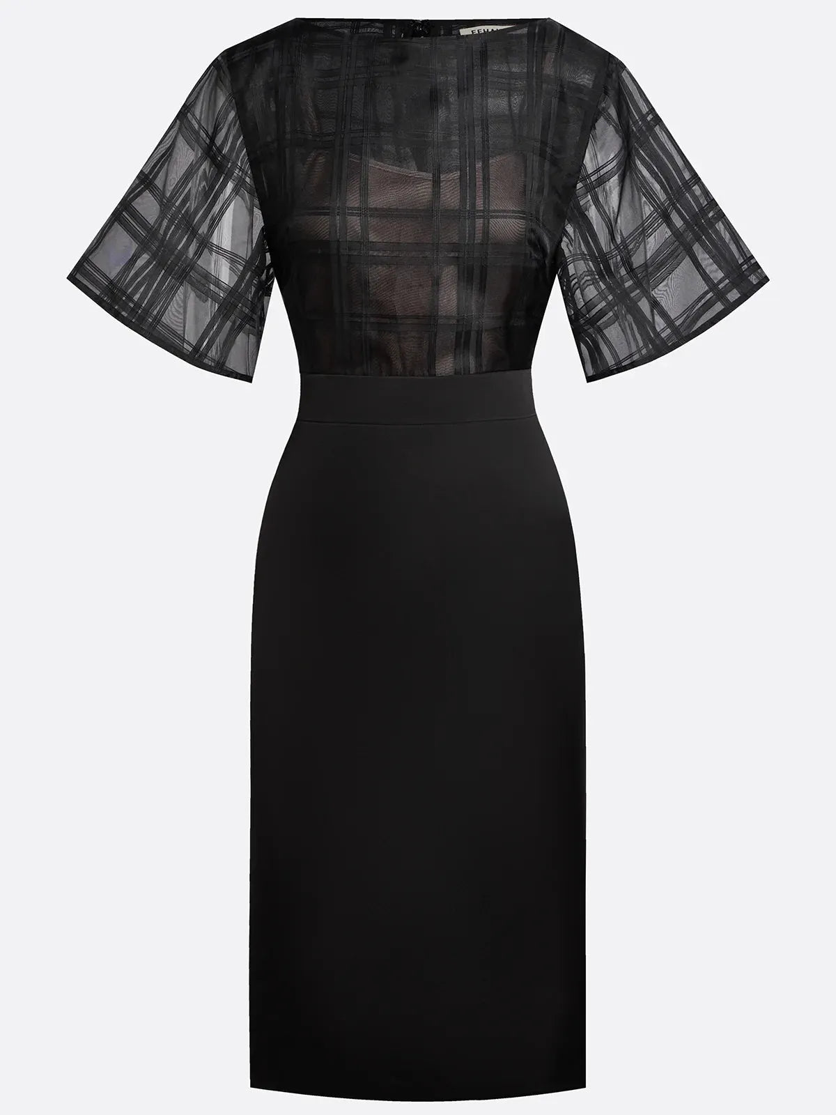 Black Organza Plaid Classic Boat Neck Half Sleeve Dolman Sleeve Sheath Midi Dress