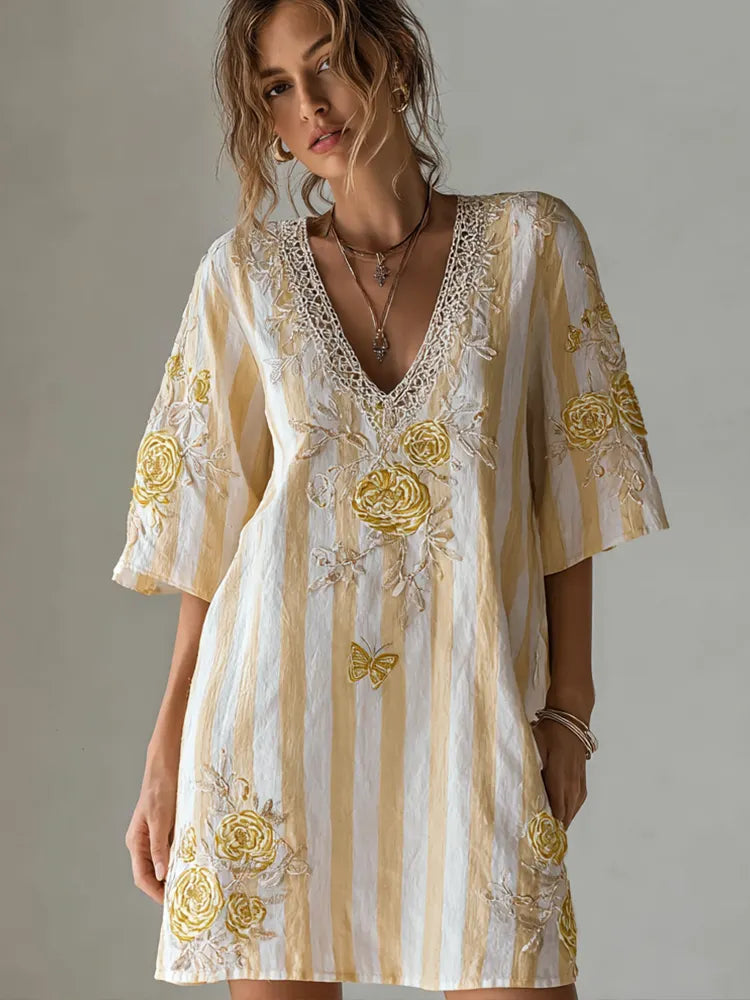 Butterfly Flower Embroidery Patchwork Striped Design Women's Summer Linen Dress