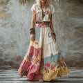 Vintage Boho Floral Patchwork Cozy Linen Maxi Dress
