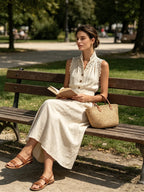 Beige Linen-Blend Lace Trim Sleeveless Button-Front Maxi Dress