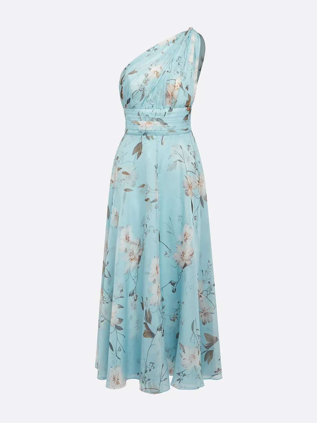 Light Blue Floral Ruched Chiffon One Shoulder Sleeveless A-Line Maxi Dress