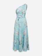 Light Blue Floral Ruched Chiffon One Shoulder Sleeveless A-Line Maxi Dress