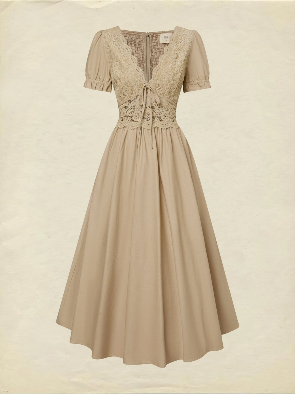 Maxi Cotton Dress, Short Sleeves, V Neck, Plain, Lace, French Vintage, Brown