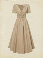 Maxi Cotton Dress, Short Sleeves, V Neck, Plain, Lace, French Vintage, Brown