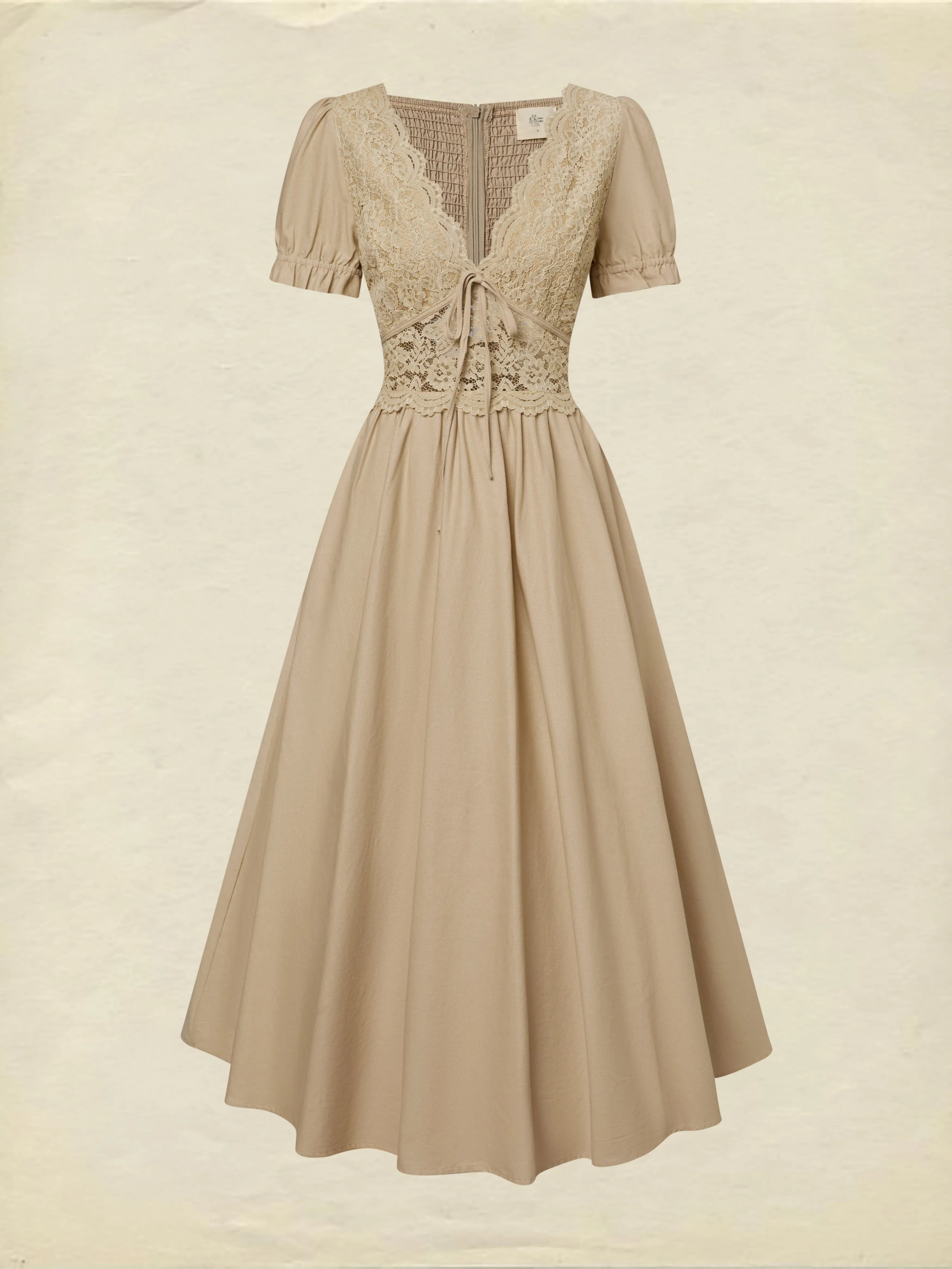 Maxi Cotton Dress, Short Sleeves, V Neck, Plain, Lace, French Vintage, Brown