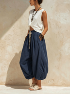Navy Blue Linen Drawstring Harem Pants