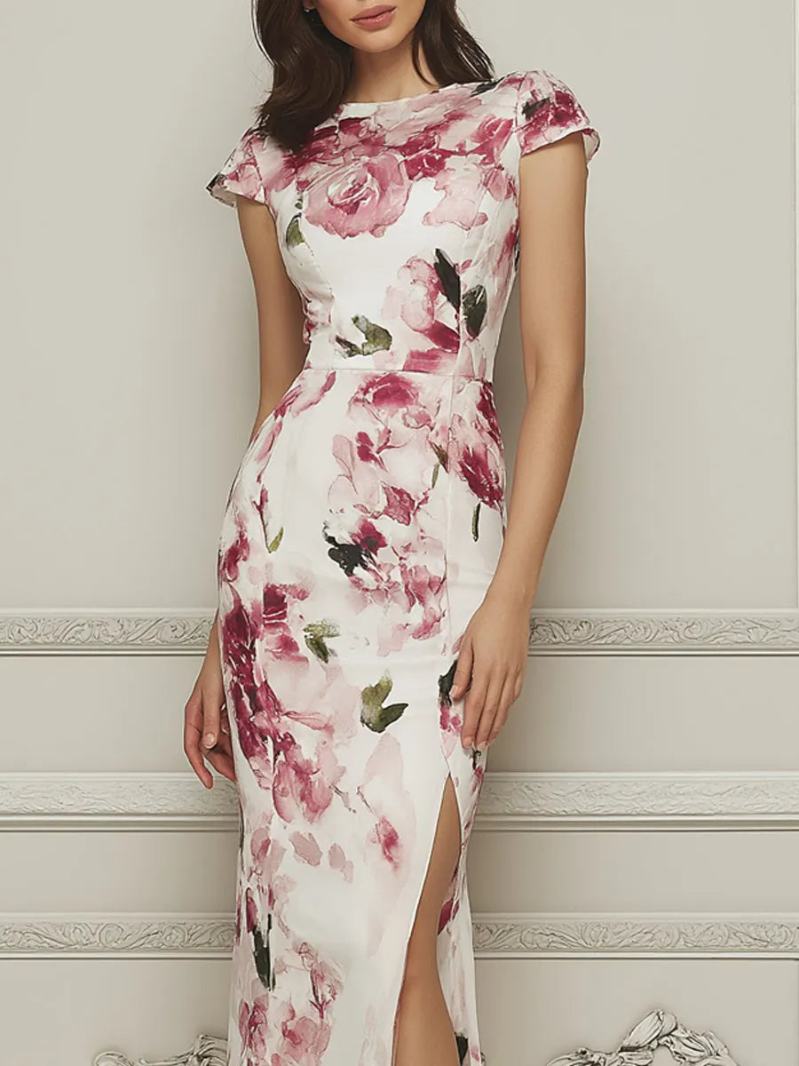 Blooming Watercolor Cap Sleeve Chiffon Dress
