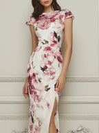 Blooming Watercolor Cap Sleeve Chiffon Dress