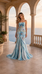 Gradient Floral Mermaid Train Evening Gown