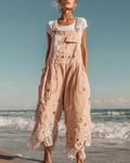 Summer Holiday Lace Handmade Star and Moon Embroidery Overall Jeans  7730