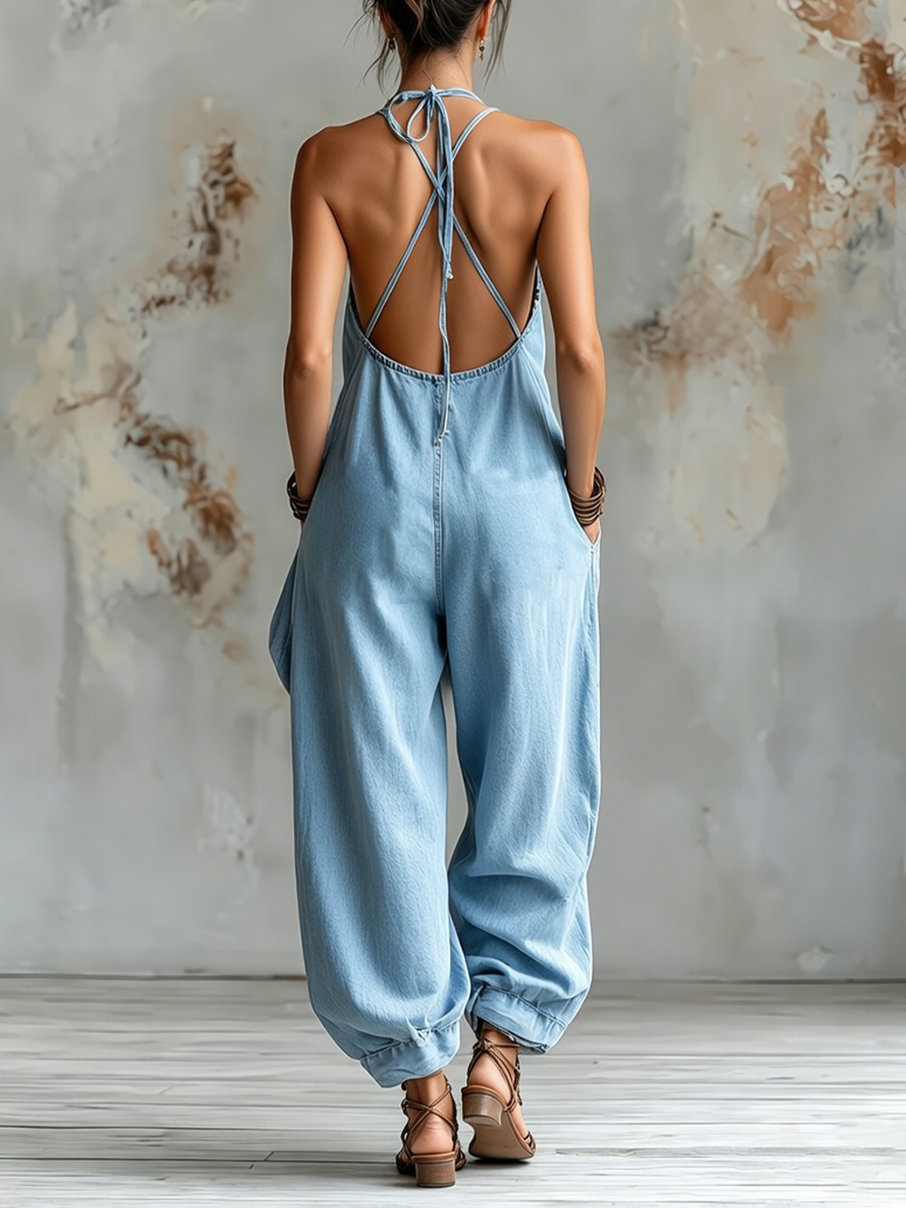 Light Blue Tencel Denim Halter Backless Loose Jumpsuit