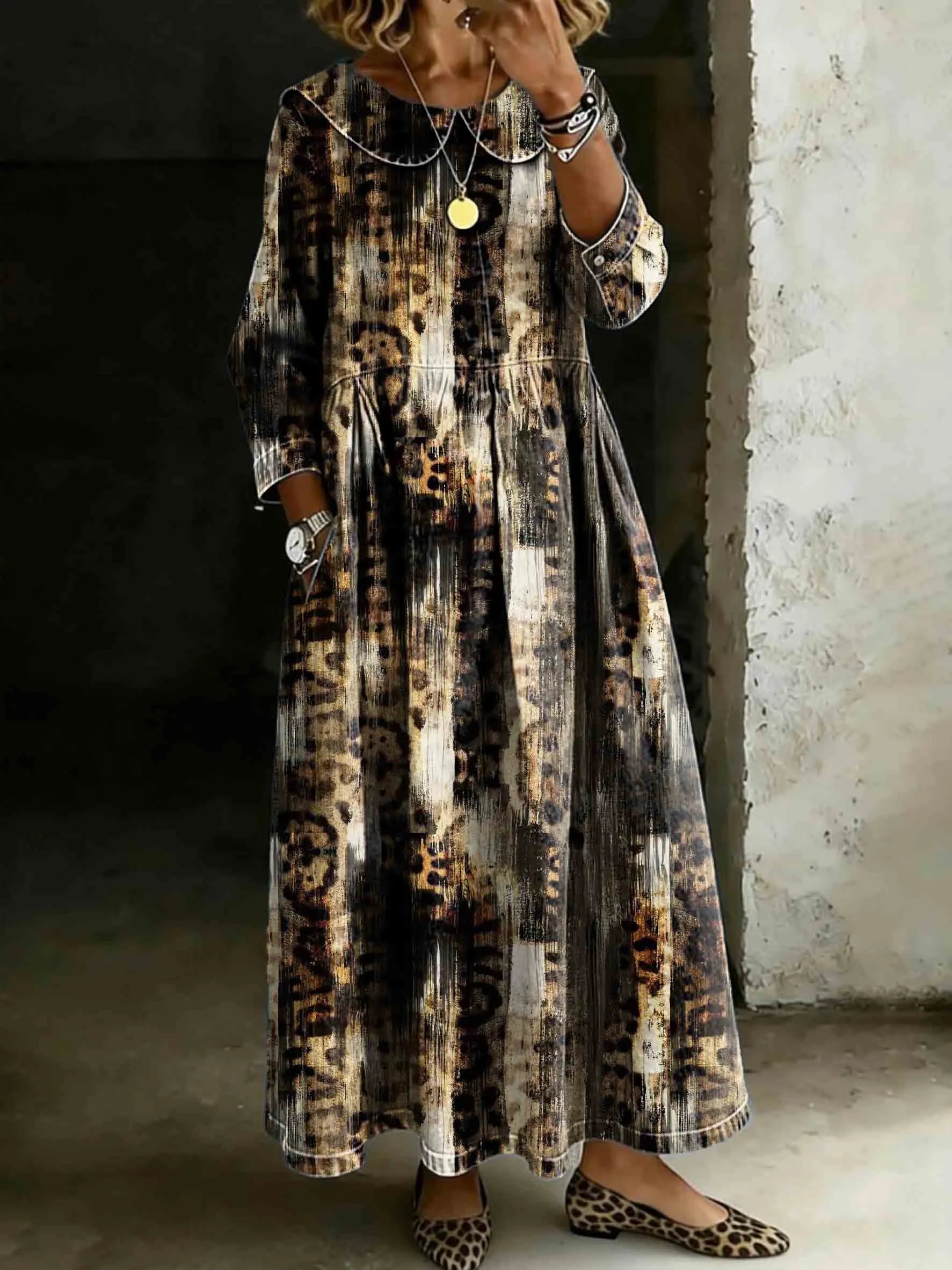 Women's Retro Gradient Stripes Leopard Print Lapel Collar Pleated Long Sleeve Casual Loose Denim Dress