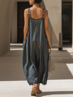 Double Strap V-Neck Chambray Jumpsuit With Pockets