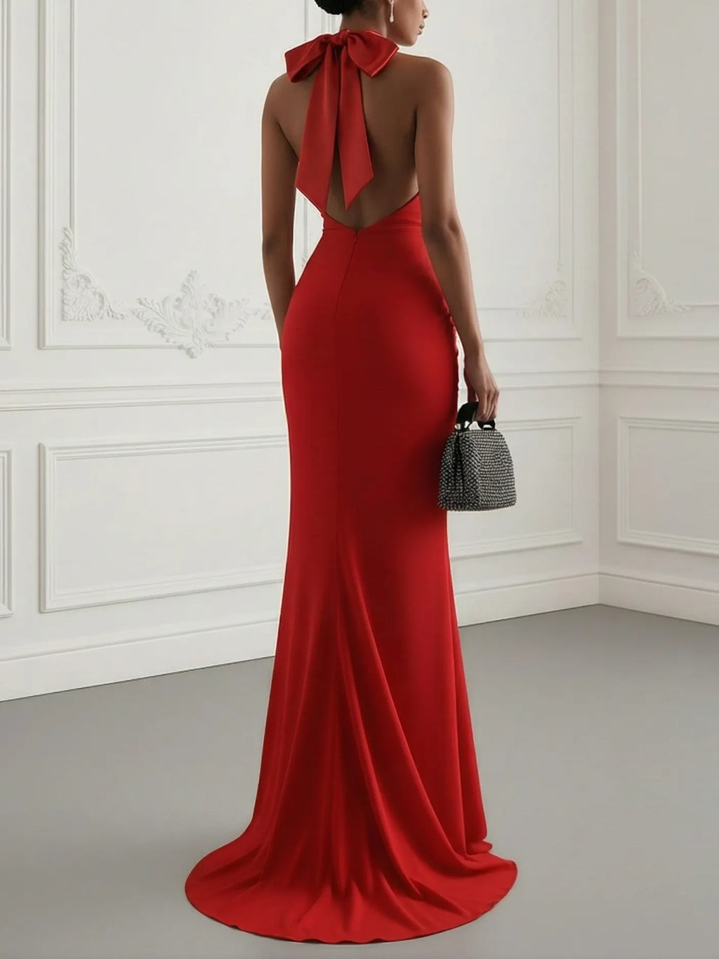 Red Ruched Knit Halter Sleeveless Bodycon Gown Dress