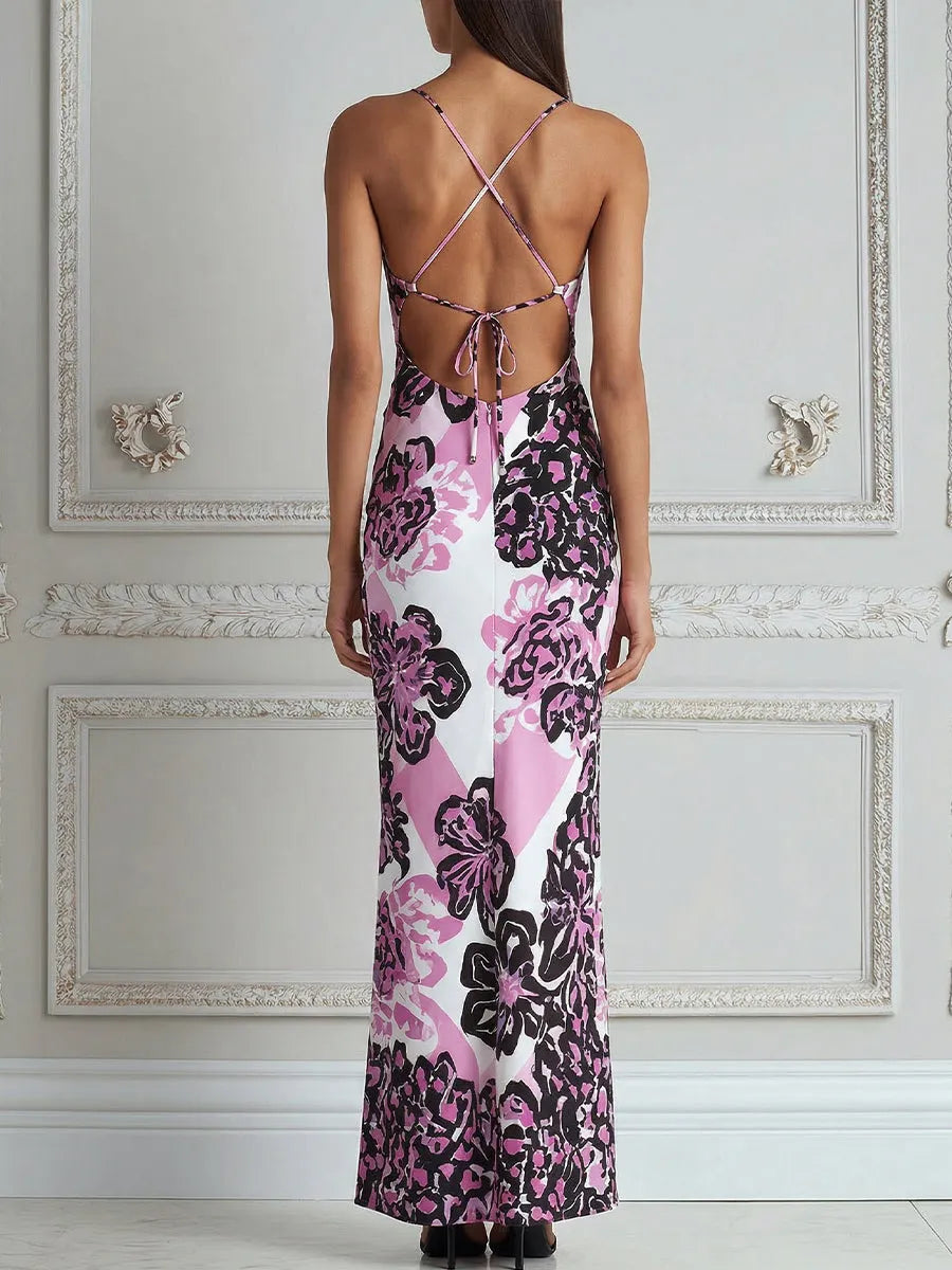 Cross-Strap Strapless Floral Bodycon Maxi Dress
