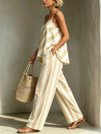 Beige & White Stripe Cami Top & Wide-Leg Pants Two-Piece Set