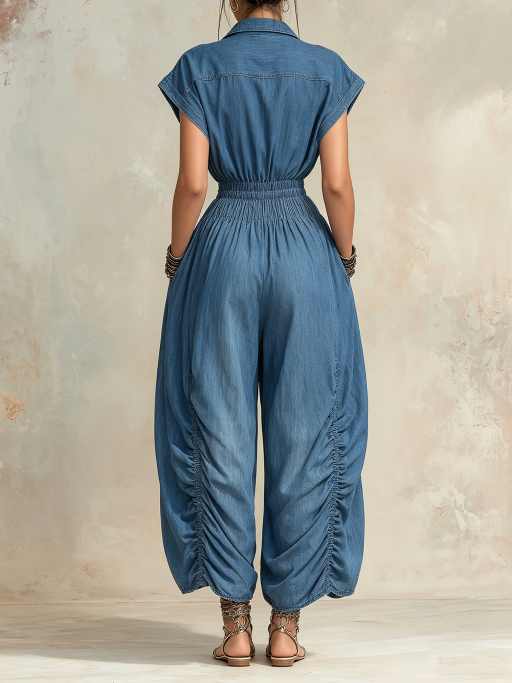 Blue Denim Smocked Waist Ruched Harem Jumpsuit