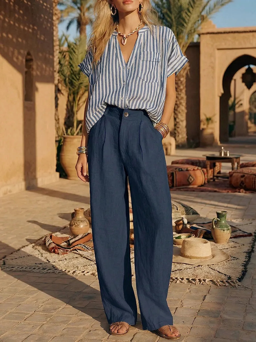 Cozy Striped Cotton-linen Two-piece Set