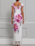 Elegant Floral Sheer Hem Maxi Dress