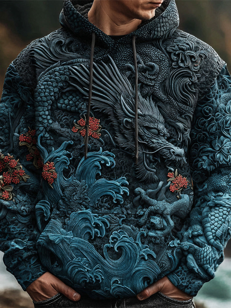 Japanese Wave & Dragon Embossed Art Men's Hooded Sweatshirt