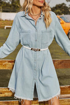 Casual Solid Make Old Turndown Collar Long Sleeve Loose Denim Dresses( No Belt)