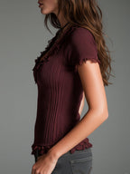 Vintage Faded Knitted Short-sleeved T-shirt With Lace Trim