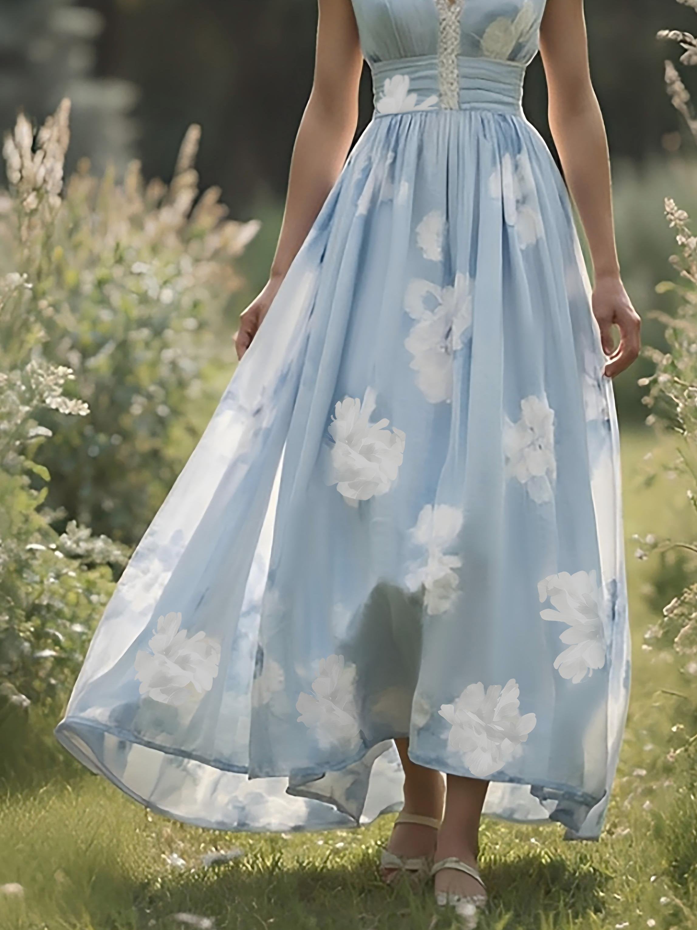 (SIZE:XS-XXL)Linen Maxi Dress, Sleeveless, V neck, Floral, Vintage, Light Blue