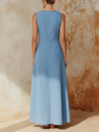 Light Wash Denim Sleeveless Maxi Dress V-Neck With Cutout Detail