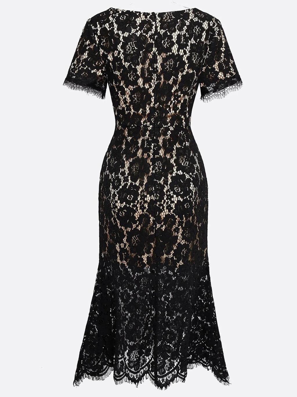 Black Lace Edge Cotton V Neck Short Sleeve Mermaid Midi Dress