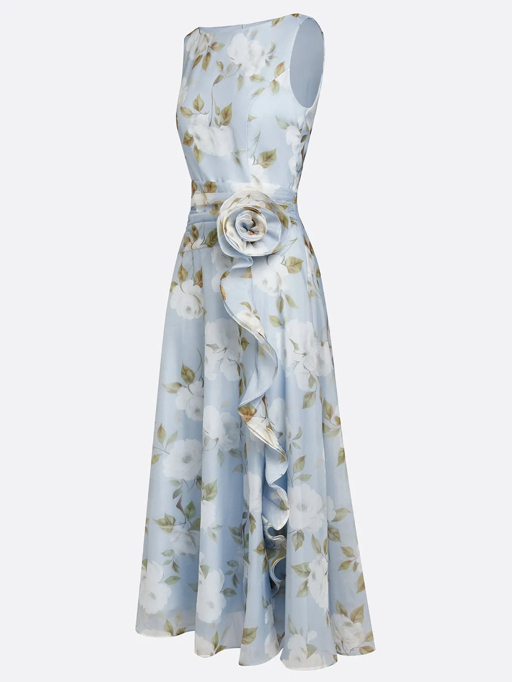 Light Blue 3D Floral Chiffon Boat Neck Sleeveless A-Line Midi Dress