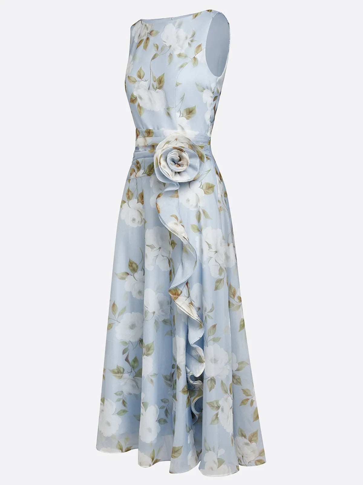 Light Blue 3D Floral Chiffon Boat Neck Sleeveless A-Line Midi Dress