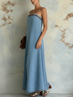 Light Blue Tencel Denim Spaghetti Strap Maxi Dress With Belt