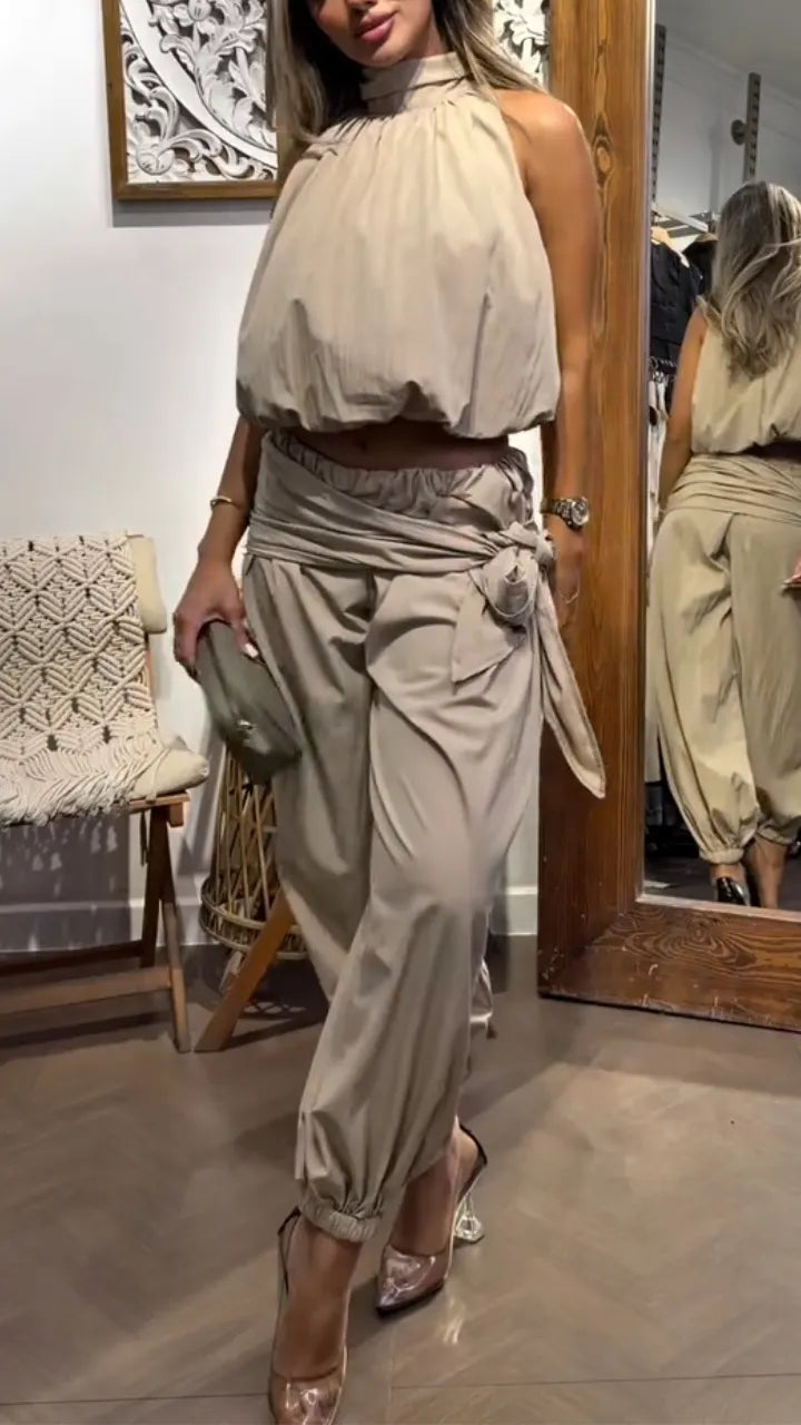 Halter Crop Top & Wrap Tie Harem Pants Two‐Piece Set