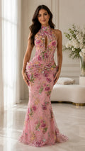 Floral Beaded Halter Mermaid Formal Dress