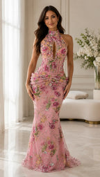 Floral Beaded Halter Mermaid Formal Dress