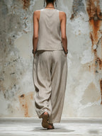 Beige Linen Sleeveless Top & Wide-Leg Pants Set