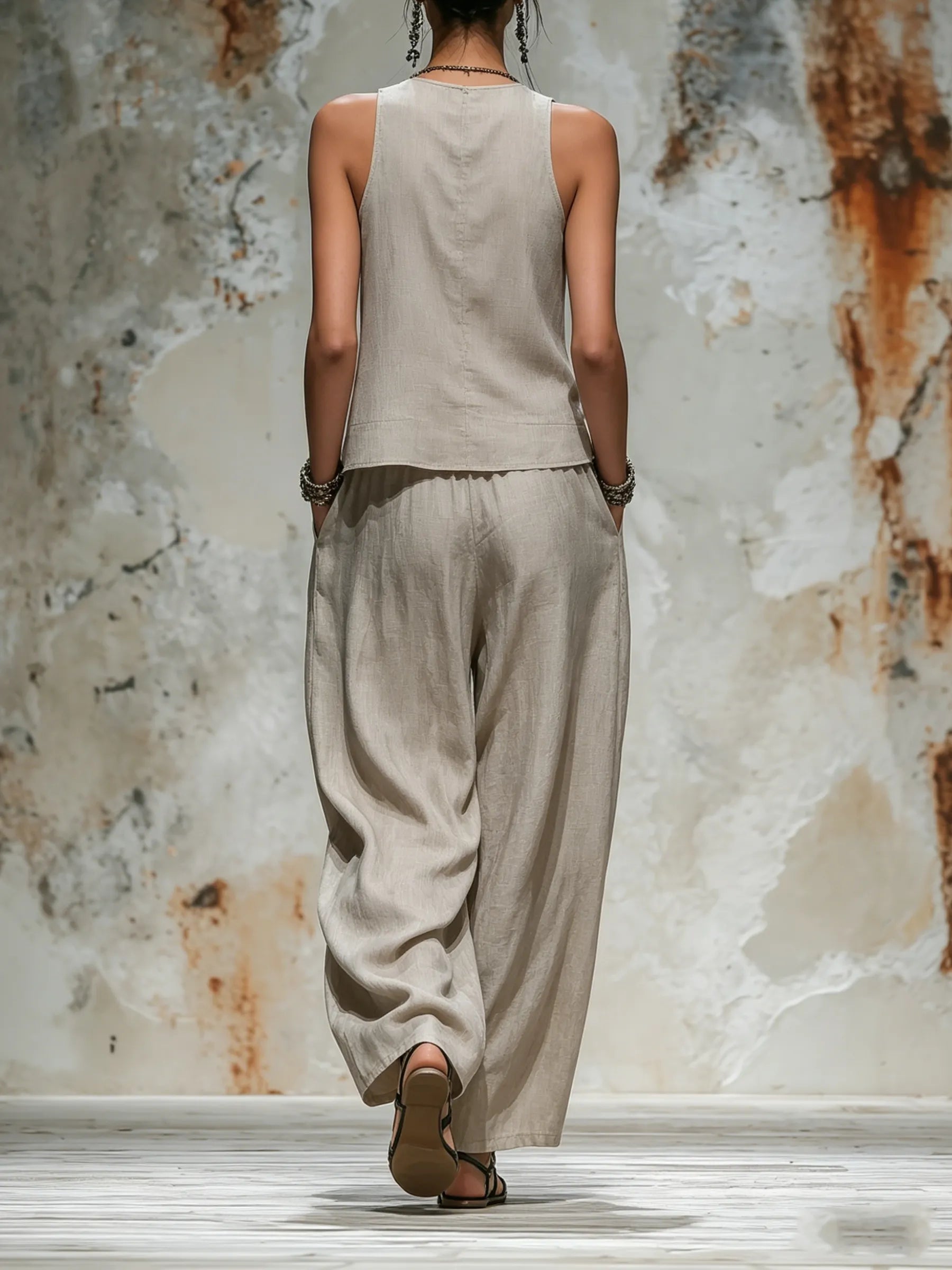 Beige Linen Sleeveless Top & Wide-Leg Pants Set