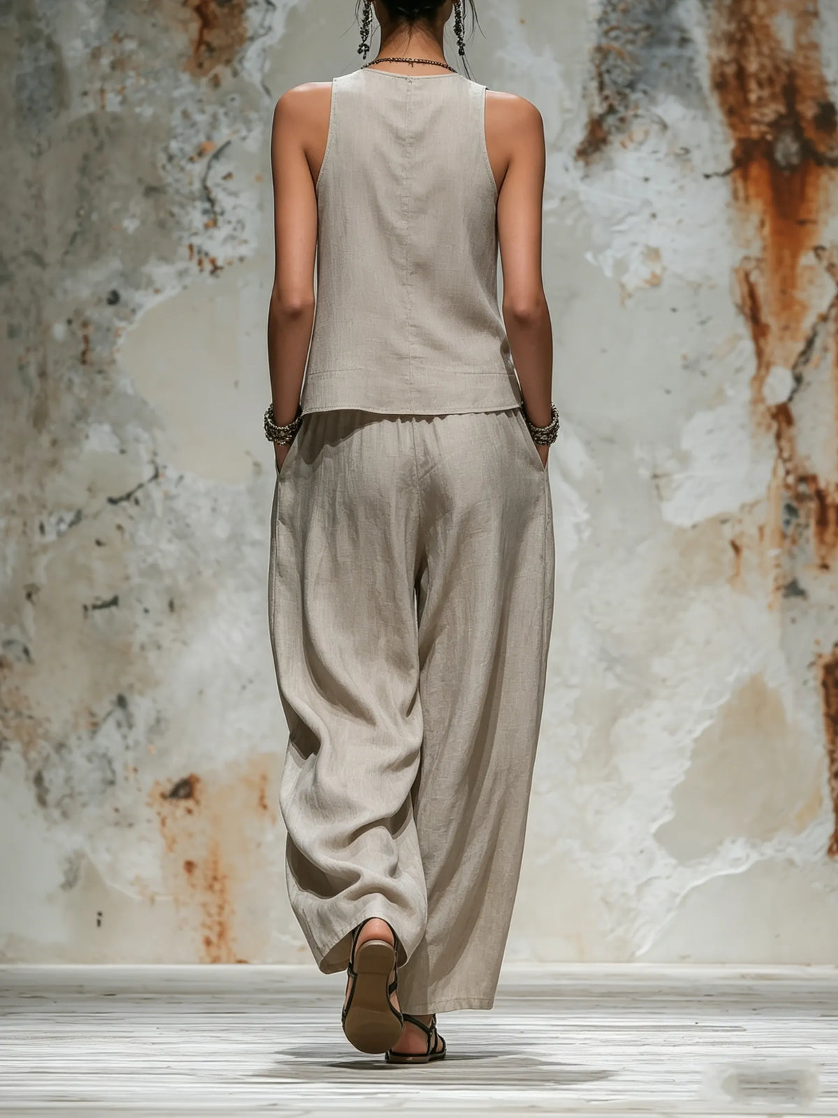 Beige Linen Sleeveless Top & Wide-Leg Pants Set